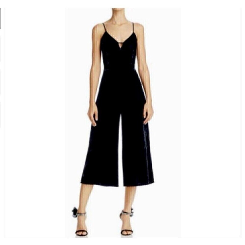 NWT ELLA MOSS WOMEN'S VELVET PLUNGING CAMI JUMPSUIT ROMPER BLACK LARGE WIDE LEG